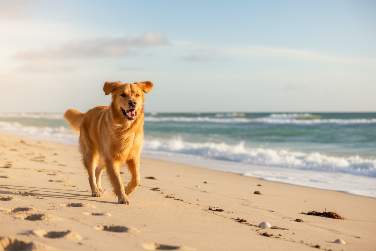 Happy golden retriever on beach